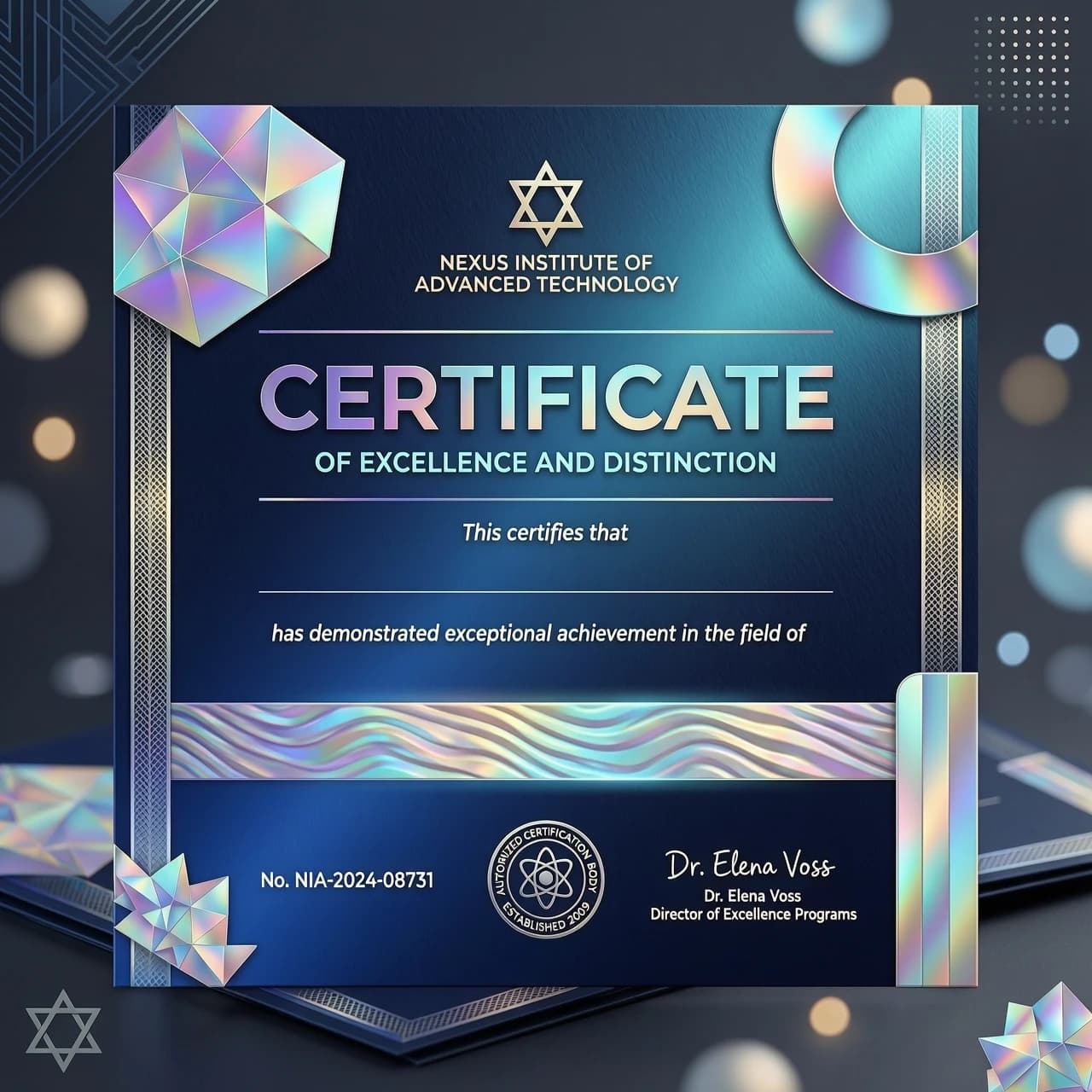 Modern premium certificate design, sleek contemporary aesthetic, dominant palette of deep navy blue, azure, and translucent cyan, sophisticated holographic foil elements with iridescent prismatic reflections, flowing liquid gradients, abstract geometric shapes, high-tech minimalism, macro shot of textured premium paper, soft cinematic studio lighting with subtle glints on holographic parts, clean composition with elegant negative space for text, sharp focus, 8k resolution, digital art style, futuristic corporate elegance, subtle bokeh background.