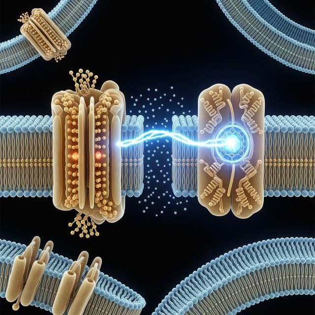 Scientific 3D visualization of a mitochondrial cristae junction during muscle contraction. The intercristal space is narrowing significantly. An electron transfer pathway visualized as a glowing blue energy arc jumps from the left side BC1 complex across the narrowed gap to the right side cytochrome c1 heme group. Highly detailed inner mitochondrial membrane lipids and protein surfaces, subsurface scattering, soft dramatic lighting against a dark background, macro photography depth of field, hyperrealistic, octane render