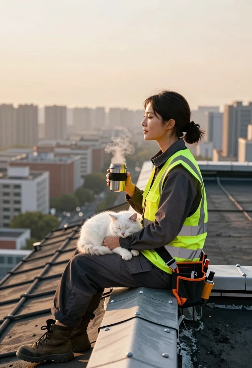 Hyper-realistic cinematic side-profile portrait of a beautiful female roof repair worker in a high-visibility vest and tool belt, sitting on the edge of a skyscraper roof during a break. A fluffy white kitten is curled up in a tight ball on her lap, sleeping peacefully. She is holding a steaming thermos of coffee, a soft, serene expression on her face, looking at the distant city horizon. Wide angle shot emphasizing the extreme height and the scale of the urban landscape below. Soft golden hour lighting, warm sunlight illuminating the kitten's white fur and the worker's face. Deep depth of field, high detail on the roof's bitumen texture, metal rivets, and the steam from the coffee. Atmospheric perspective, 8k, photorealistic, peaceful mood.
