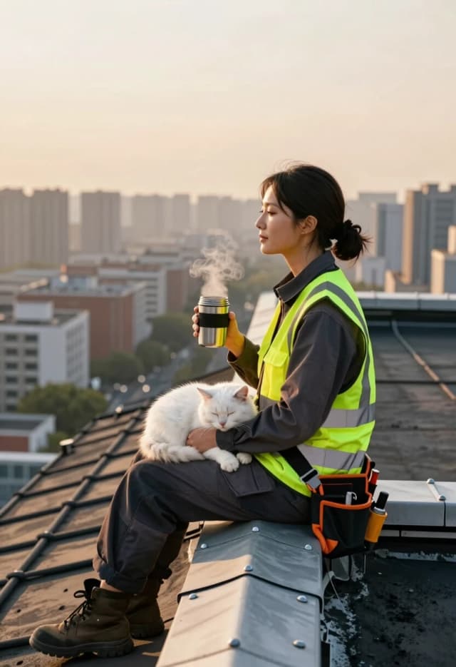 Hyper-realistic cinematic side-profile portrait of a beautiful female roof repair worker in a high-visibility vest and tool belt, sitting on the edge of a skyscraper roof during a break. A fluffy white kitten is curled up in a tight ball on her lap, sleeping peacefully. She is holding a steaming thermos of coffee, a soft, serene expression on her face, looking at the distant city horizon. Wide angle shot emphasizing the extreme height and the scale of the urban landscape below. Soft golden hour lighting, warm sunlight illuminating the kitten's white fur and the worker's face. Deep depth of field, high detail on the roof's bitumen texture, metal rivets, and the steam from the coffee. Atmospheric perspective, 8k, photorealistic, peaceful mood.