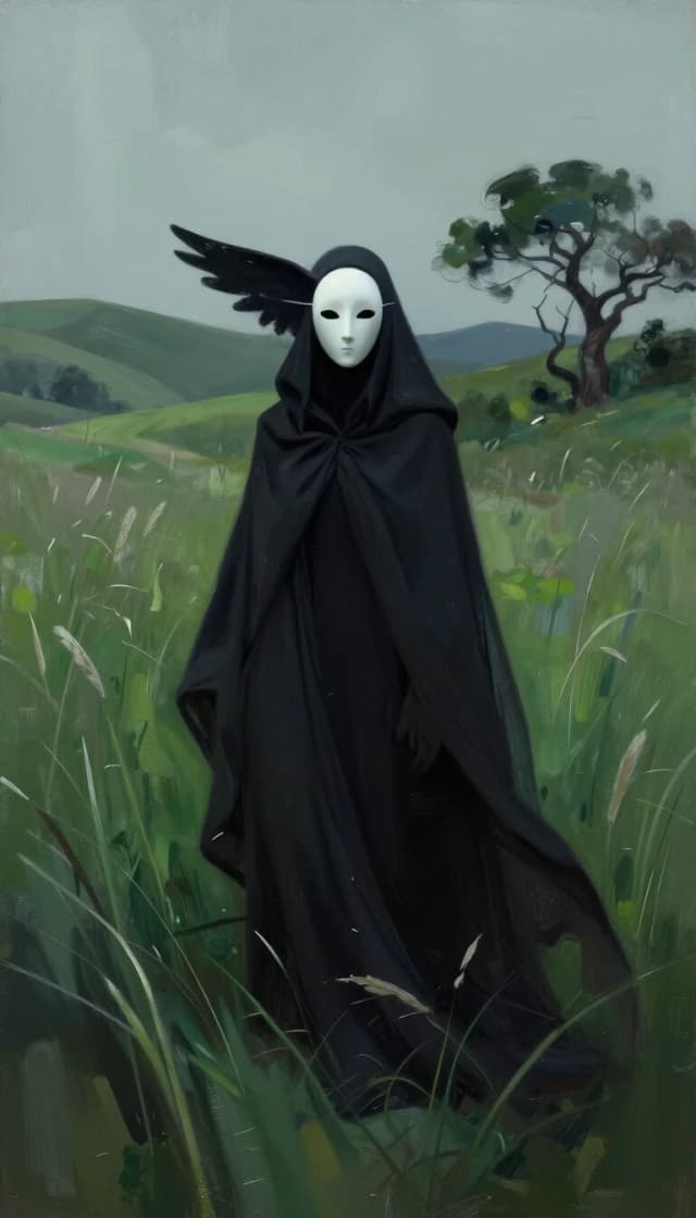 A spectral female figure dominates the center of the scene, shrouded in a flowing, dark cloak that drapes elegantly around her form. Her visage is a smooth, featureless, pale-white mask. A large, wing-like structure extends horizontally from her head, adding to its imposing and otherworldly presence. The cloak falls in graceful, dynamic folds, suggesting subtle movement and an ethereal quality.

She stands in a vast, sun-drenched meadow filled with tall, green grasses that sway gently. Gentle, rolling hills form the background, their slopes covered in lush green vegetation. A solitary, gnarled tree stands to the right, its dark silhouette providing a subtle contrast against the soft, overcast sky.

The overall color palette is dominated by the deep blacks of her cloak and the cool, vibrant greens of the landscape, creating a mysterious and hauntingly beautiful atmosphere. The lighting is soft and universally diffused, muting the shadows and contributing to the surreal, dreamlike mood. The scene evokes a powerful sense of both serene isolation and profound unease.

The composition employs a centered, symmetrical framing, emphasizing the figure's dominant and enigmatic role. The artistic style masterfully blends elements of dark fantasy with a touch of poetic surrealism.

The palette is dominated by dark tones. The texture is pronounced, with brushstrokes and traces of paint visible, imitating the process of painting using multi-layered tones. The composition is centered around the figures, and the background flows smoothly in color and tone. The style is abstract, almost sculptural. Free, gestural brushstrokes create a sense of movement and action. The muted color palette includes subtle variations in tone. The sense of depth is achieved through different densities of brushstrokes. The light source is diffused, giving the image a slightly cool and mysterious shade. The style of painting is reminiscent of abstract realism and expressionism. Soft shadows that reflect every detail and add volume to the scene.