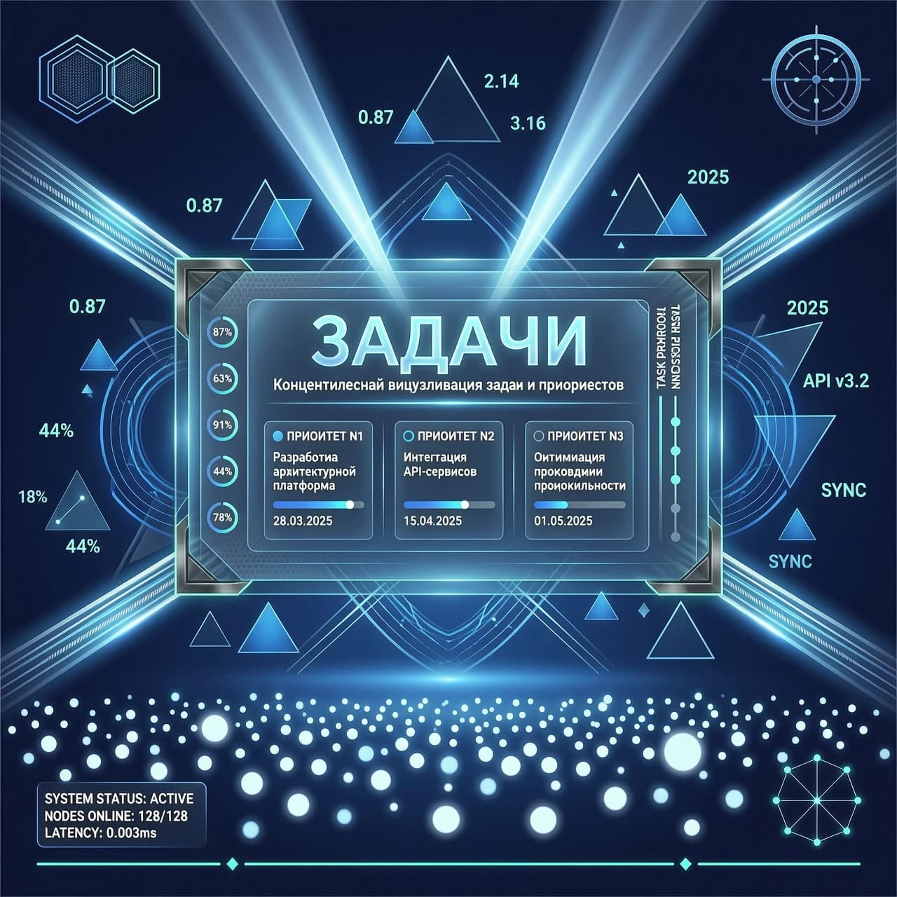 Футуристическая высокотехнологичная концептуальная визуализация для слайда презентации на тему «Задачи», элегантная современная эстетика будущего. Изысканная композиция с парящими полупрозрачными голографическими интерфейсами, и замысловатыми геометрическими элементами интерфейса. В цветовой палитре преобладают темно-синие, ярко-голубые и кобальтово-синие градиенты с едва заметными неоновыми акцентами. Кинематографическое освещение с мягким объемным свечением и резкими лучами света, пронзающими темное минималистичное цифровое пространство. Сверхдетализированный цифровой арт, четкие линии, гладкие стеклянные текстуры и частицы боке.
