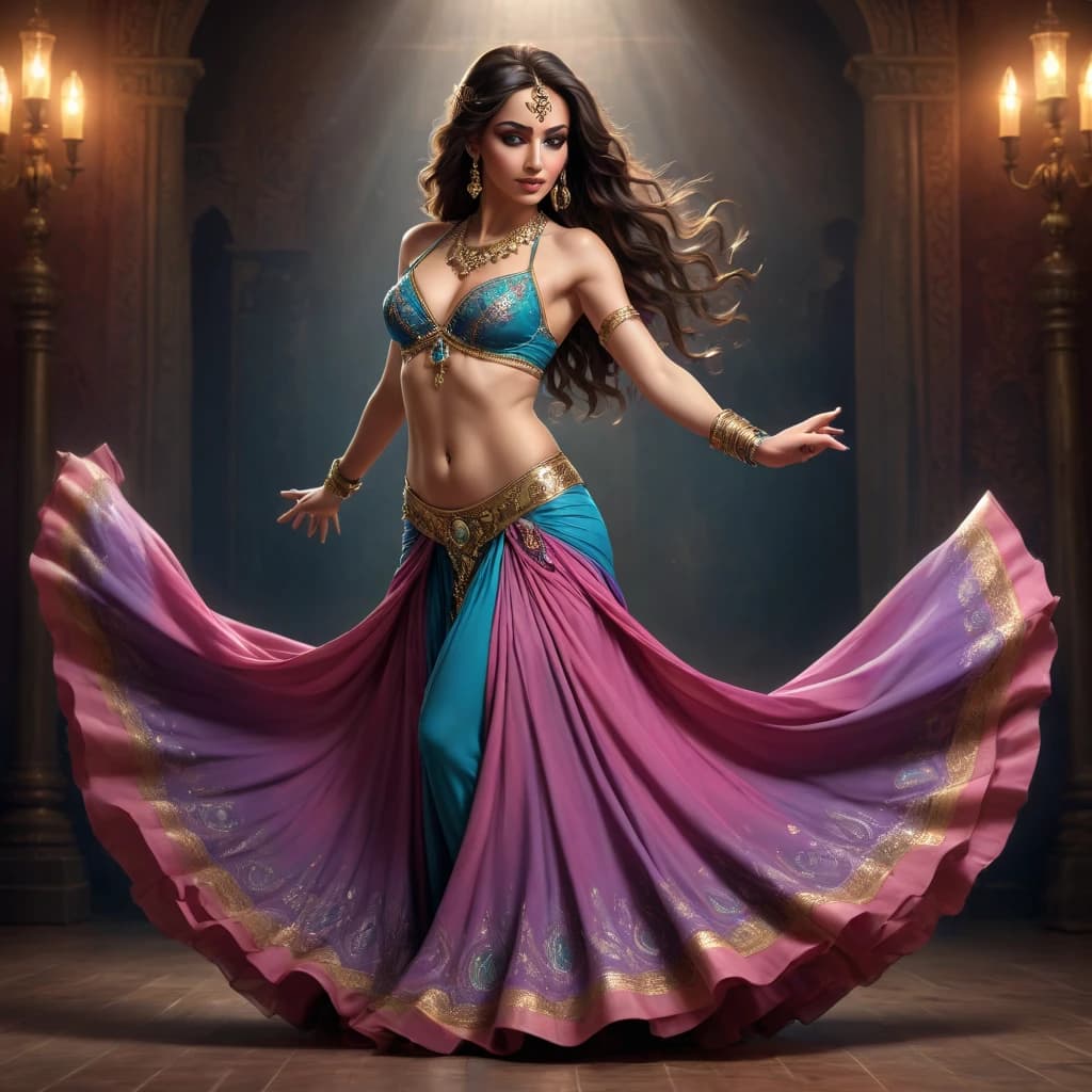 Professional belly dancer. Full-length. Flowing skirt. Back in a half-turn. Vector. Single color.