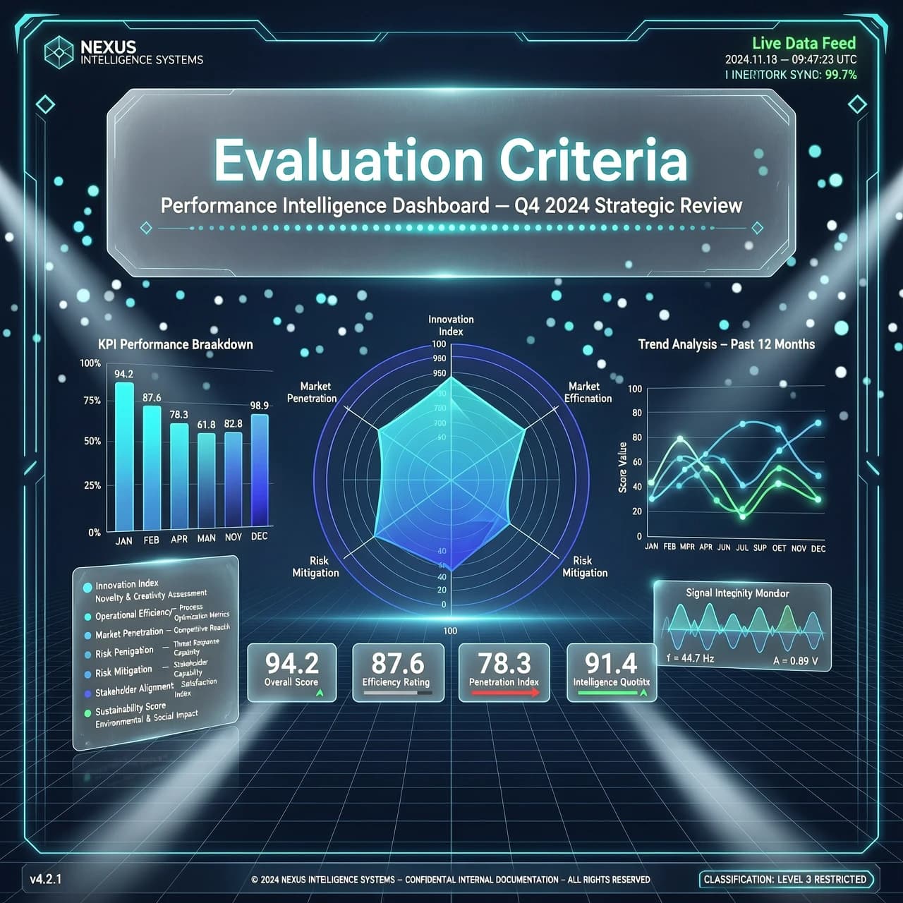 Futuristic high-tech conceptual visualization for a presentation slide, "Evaluation Criteria" theme, sleek modern aesthetic of the future. A sophisticated composition featuring floating translucent holographic interfaces, glowing data charts, and intricate geometric HUD elements. The color palette is dominated by deep navy, electric cyan, and cobalt blue gradients with subtle neon accents. Cinematic lighting with soft volumetric glows and sharp light rays piercing through a dark, minimalist digital space. Hyper-detailed digital art style, clean lines, smooth glass textures, and bokeh particles. Macro perspective of a digital dashboard, wide angle, 8k resolution, Unreal Engine 5 render style, professional corporate futuristic design, sense of precision, clarity, and advanced intelligence.