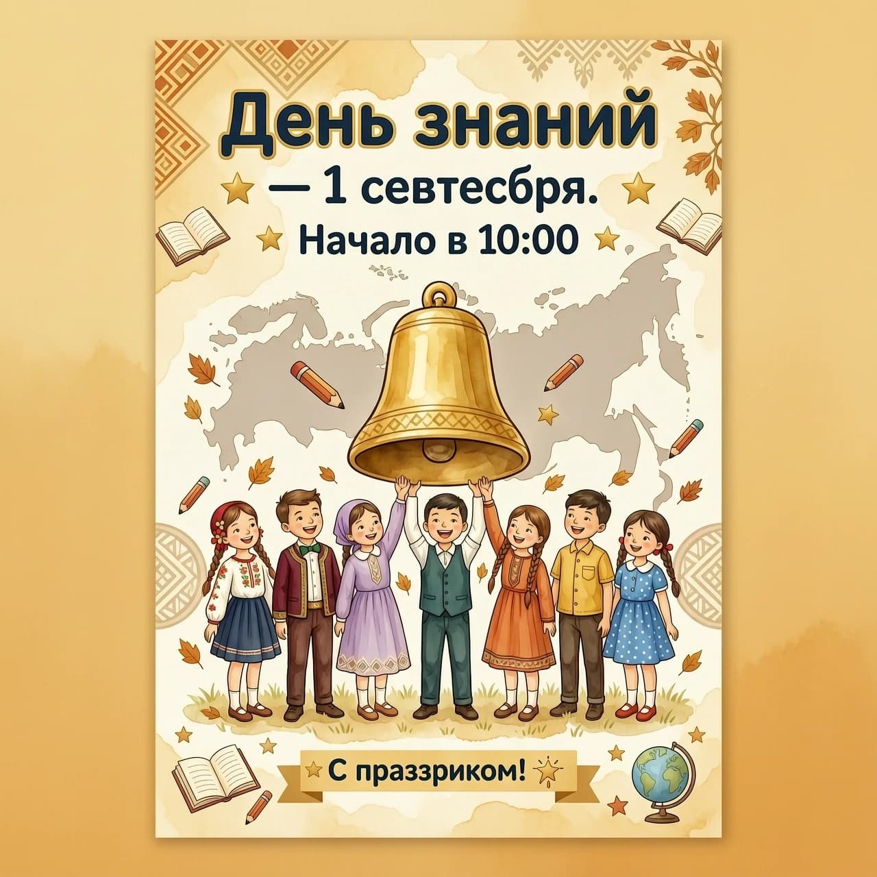 Яркая праздничная афиша ко Дню знаний. В центре — группа детей разных национальностей в школьной форме, они вместе держат большой золотой школьный звонок. На фоне — лёгкие силуэты карты России и тонкие орнаменты народов России. Сверху надпись крупным читаемым шрифтом: «День знаний — 1 сентября. Начало в 10:00». Стиль: иллюстрация в тёплых осенних тонах, акварельные текстуры, мягкие тени, без мелких деталей, высокая читаемость текста. Формат: вертикальный плакат.