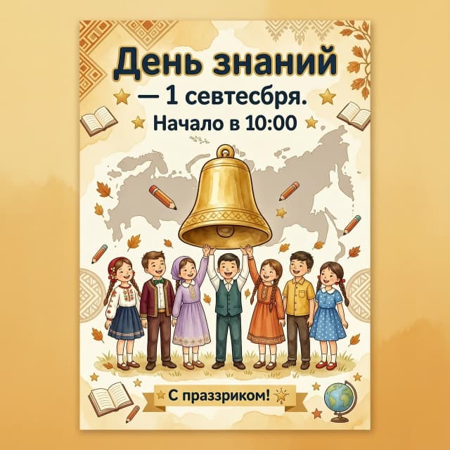 Яркая праздничная афиша ко Дню знаний. В центре — группа детей разных национальностей в школьной форме, они вместе держат большой золотой школьный звонок. На фоне — лёгкие силуэты карты России и тонкие орнаменты народов России. Сверху надпись крупным читаемым шрифтом: «День знаний — 1 сентября. Начало в 10:00». Стиль: иллюстрация в тёплых осенних тонах, акварельные текстуры, мягкие тени, без мелких деталей, высокая читаемость текста. Формат: вертикальный плакат.