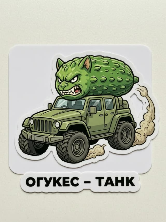 Стикер животное гибрид, огурец - танк , злобно едущий в лево