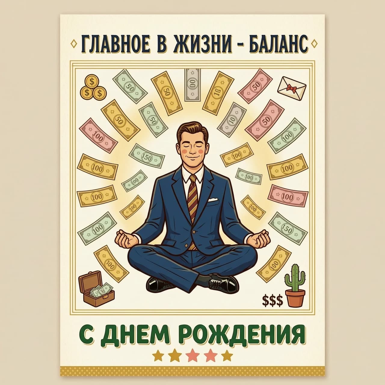 На изображении представлен белый мужчина в офисном костюме, сидящий в классической позе лотоса. Вокруг медитирующего мужчины в воздухе парят денежные купюры различных номиналов. Купюры словно спускаются сверху, создавая ощущение потока благополучия и успеха.

Цветовая гамма:
Фон может быть выполнен в спокойных, нейтральных тонах — светло-бежевых или пастельных оттенках, чтобы не отвлекать внимание от главного элемента композиции. Сами купюры могут быть изображены в золотистых или серебристых тонах, подчёркивая их ценность и значимость.

Надпись:
Над изображением красивым шрифтом надпись: «ГЛАВНОЕ В ЖИЗНИ - БАЛАНС». 
Под изображением надпись : «С ДНЕМ РОЖДЕНИЯ «

Изображение в стиле 60- годов в Америке