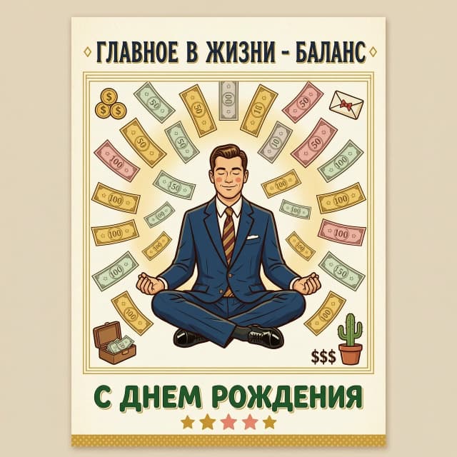 На изображении представлен белый мужчина в офисном костюме, сидящий в классической позе лотоса. Вокруг медитирующего мужчины в воздухе парят денежные купюры различных номиналов. Купюры словно спускаются сверху, создавая ощущение потока благополучия и успеха.

Цветовая гамма:
Фон может быть выполнен в спокойных, нейтральных тонах — светло-бежевых или пастельных оттенках, чтобы не отвлекать внимание от главного элемента композиции. Сами купюры могут быть изображены в золотистых или серебристых тонах, подчёркивая их ценность и значимость.

Надпись:
Над изображением красивым шрифтом надпись: «ГЛАВНОЕ В ЖИЗНИ - БАЛАНС». 
Под изображением надпись : «С ДНЕМ РОЖДЕНИЯ «

Изображение в стиле 60- годов в Америке
