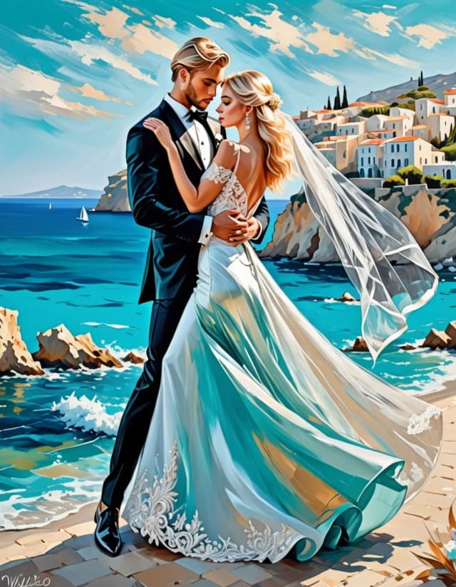 A masterpiece. Creating an image. Style - oil painting. ((On the shore of the turquoise sea, against the background of the Mediterranean landscape, a beautiful blonde girl, expressive eyes, clear facial features, in a wedding dress and veil, and a handsome young man in a tuxedo, in full growth, dancing together, holding hands, waltzing in the warm summer rain, the sun is shining:1.6)). High resolution. High detail and clear texture. Close-up. High quality. Increased attention to small details. The aspect ratio is 3:4. The artists are Levitan, Shishkin.