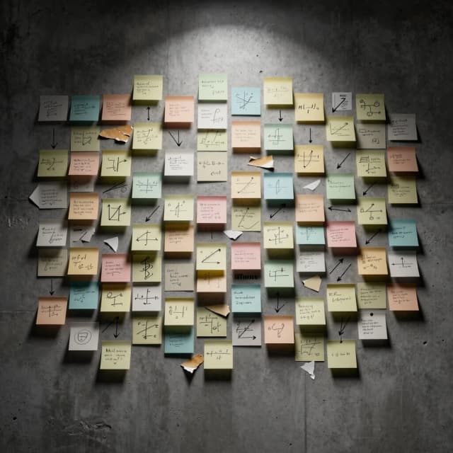Prompt:
A high-detail realistic wide shot, 8k. A grey concrete wall transformed into a giant mood board, covered in hundreds of overlapping square sticky notes in various muted colors. The notes contain a chaotic mix of sketches, mathematical formulas, fragmented quotes, and arrows drawn with markers, connecting different ideas. Some notes are peeling off, revealing adhesive residue on the wall. Lighting: moody, dim studio lighting with a single strong spotlight hitting the center of the wall, creating a dramatic contrast between the bright paper and deep shadows in the crevices. Shot on Nikon Z9, 35mm lens, f/4, industrial creative aesthetic, sharp focus across the entire surface, capturing the raw texture of paper and ink.