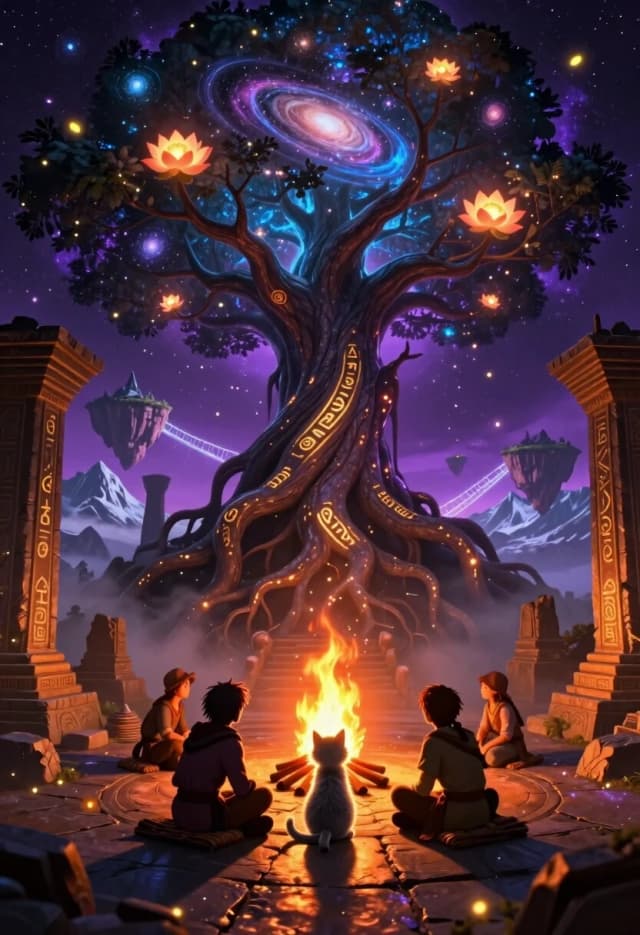 Epic fantasy digital art, hyper-detailed, 8K, Greg Rutkowski style. A cosmic tree rises from the center of a crumbling ancient temple, its roots weaving through the ruins and glowing with golden sigils. The branches don’t hold leaves — they hold miniature galaxies, swirling nebulae, and glowing lotus flowers that pulse with light.

In the foreground, three tiny figures (adventurers) sit on a stone slab, huddled around a small campfire. The fire is modest, but its light is rendered with volumetric rays that cut through the mist, creating sharp chiaroscuro. The flames cast dancing orange highlights on the wet stone and deep indigo shadows on the characters’ faces.

A tiny fluffy grey kitten sits in the middle of the circle, looking up at the cosmic tree with an expression of absolute, comical understanding — as if it just figured out the meaning of life and is waiting for the humans to catch up. Its fur is backlit by the fire, making it a glowing silhouette with individual strands visible.

Background: a vast canyon with floating islands drifting in the distance, connected by glowing energy bridges. Snow-capped mountains fade into a hazy violet horizon. Fireflies and tiny glowing motes float in the air, following the currents of magic.

Color palette: deep cosmic purples and blues contrasted with warm golds, oranges, and ambers. The light from the tree is cooler (electric blue), while the campfire is warmer (amber), creating a dramatic color contrast.

Technical: heavy use of volumetric lighting and light falloff — the firelight only reaches a few feet, then fades into deep shadows. Strong rim light on the kitten and characters. Glowing particles with bloom effect. High-contrast chiaroscuro with hard shadows. Intricate textures on the ruins, glowing runes, and cosmic tree bark. Atmospheric haze to separate the planes and enhance depth.