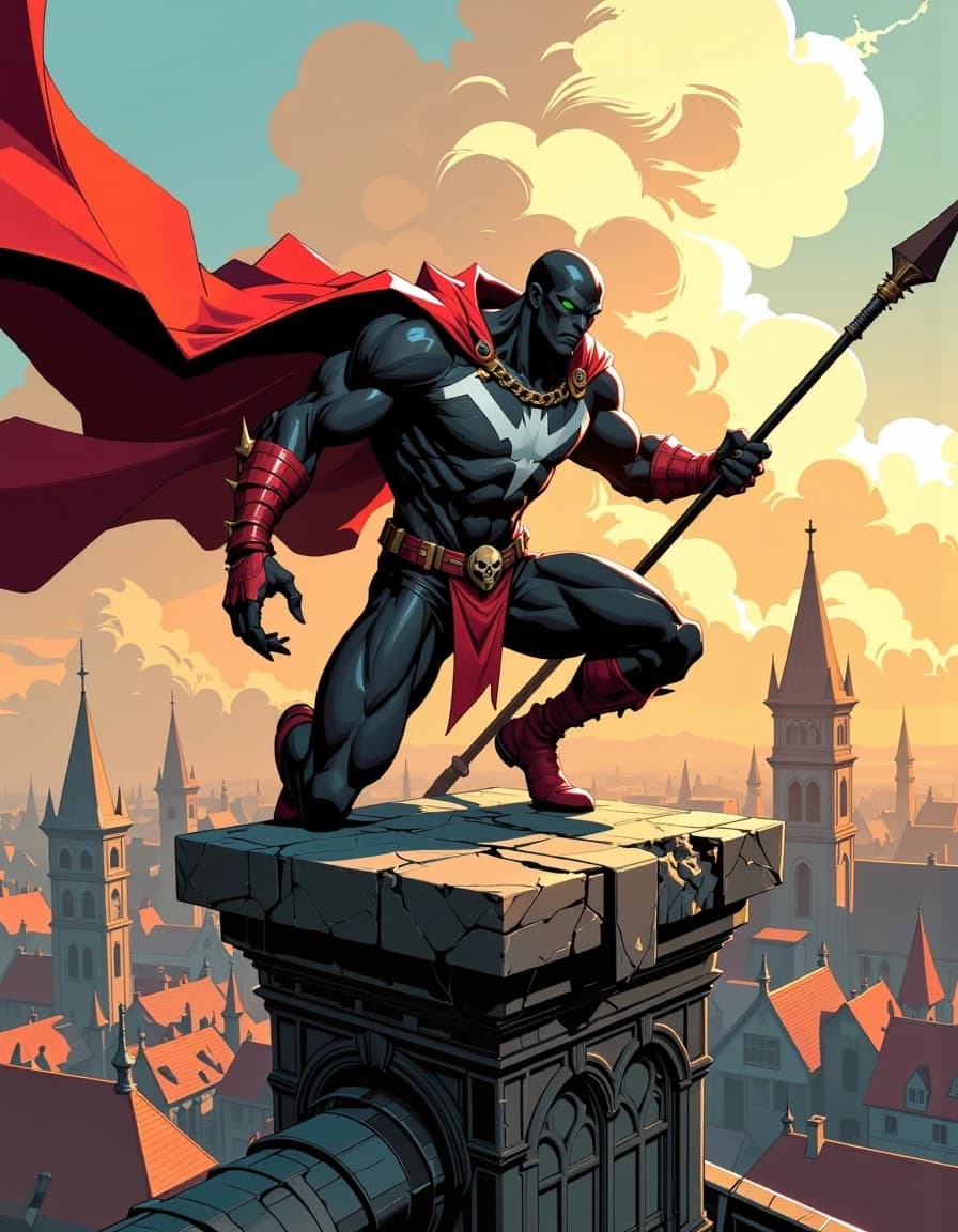 A masterpiece,  in the style of the 1980s, with bold lines, dynamic strokes and rich textures, on background with a touch of nostalgia, perhaps with subtle drawings inspired by cellulose and vintage, worn textures similar to paper, oil painting, Epic cinematic digital painting of a dark antihero perched atop a weathered stone cross on a gothic cathedral roof, crouched predatory pose, rippling tattered red cape dramatically billowing behind him, black muscular armored suit with stark white chest markings, skull chain across chest, studded red leather gauntlets and boots, spikes and rivets, glowing neon green eyes emitting wisps of ethereal smoke, holding a jagged barbed spear resting on the stone. Bird’s‑eye perspective over a medieval European town with terracotta tiled roofs, narrow cobblestone streets and soaring cathedral spires, warm late afternoon sunbeams and volumetric light rays cutting through clouds, long dramatic shadows. Ultra‑detailed textures: cracked stone, rusted chains, worn leather, scratched metal, realistic fabric folds, skin and muscle definition. High contrast rim lighting, cinematic color grading, slight depth of field, dynamic motion, heroic moody atmosphere, hyper‑real comic book style, extremely detailed, sharp focus on character, 4k+ . resolution.celshading, simple background