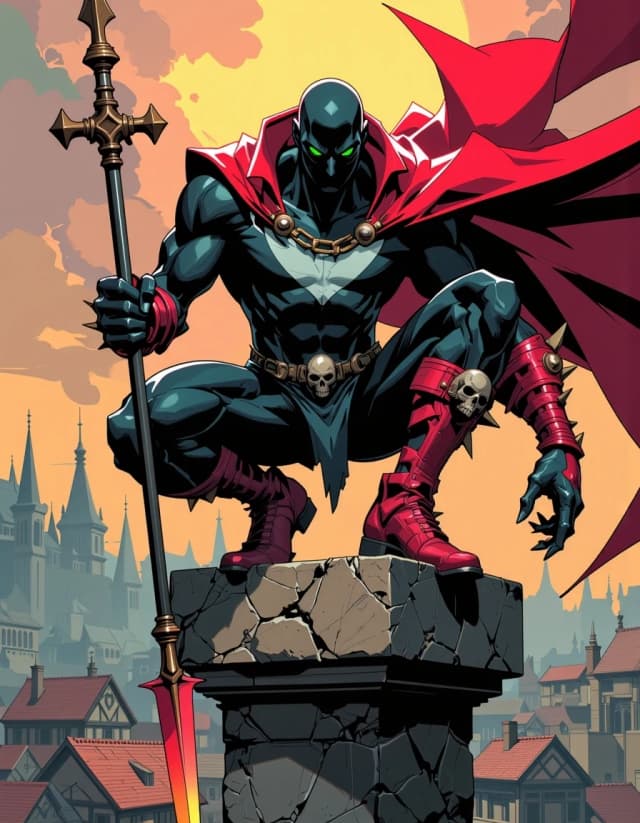 A masterpiece,  in the style of the 1980s, with bold lines, dynamic strokes and rich textures, on background with a touch of nostalgia, perhaps with subtle drawings inspired by cellulose and vintage, worn textures similar to paper, oil painting, Epic cinematic digital painting of a dark antihero perched atop a weathered stone cross on a gothic cathedral roof, crouched predatory pose, rippling tattered red cape dramatically billowing behind him, black muscular armored suit with stark white chest markings, skull chain across chest, studded red leather gauntlets and boots, spikes and rivets, glowing neon green eyes emitting wisps of ethereal smoke, holding a jagged barbed spear resting on the stone. Bird’s‑eye perspective over a medieval European town with terracotta tiled roofs, narrow cobblestone streets and soaring cathedral spires, warm late afternoon sunbeams and volumetric light rays cutting through clouds, long dramatic shadows. Ultra‑detailed textures: cracked stone, rusted chains, worn leather, scratched metal, realistic fabric folds, skin and muscle definition. High contrast rim lighting, cinematic color grading, slight depth of field, dynamic motion, heroic moody atmosphere, hyper‑real comic book style, extremely detailed, sharp focus on character, 4k+ . resolution.celshading, simple background