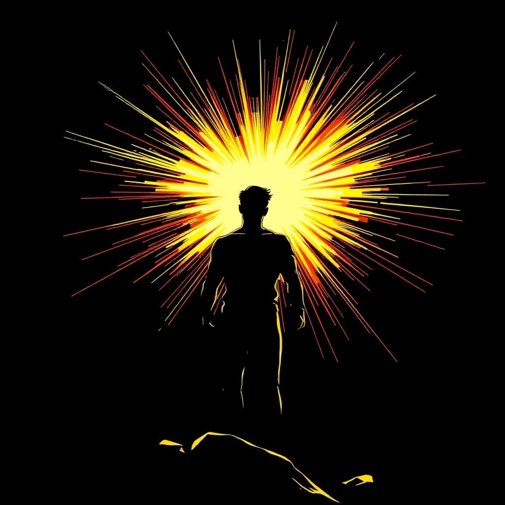 A human silhouette radiating golden light, rising above the darkness, comic book style with cinematic dramatic lighting, dark graphic novel aesthetic, bold black outlines, no text, no words, 4k