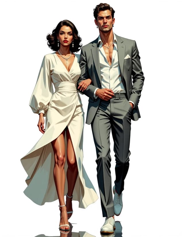 A masterpiece,  in the style of the 1980s, with bold lines, dynamic strokes and rich textures, on background with a touch of nostalgia, perhaps with subtle drawings inspired by cellulose and vintage, worn textures similar to paper,oil painting, Full-body, high-fashion portrait of a glamorous couple walking toward the camera on a clean white background, cinematic editorial style. Woman wears a flowing ivory satin wrap gown with long blouson sleeves, cinched waist, thigh slit and delicate strappy heels; hair in soft vintage waves, pearl necklace and drop earrings, red lips, porcelain skin, calm confident expression. Man beside her in a tailored light gray pinstripe suit, open-collar white shirt, pocket square and white leather shoes, hand casually in pocket, arm around her waist, suave relaxed gaze. Gentle forward stride, fabric and gown subtly billowing as if caught in motion. Soft high-key studio lighting with a slight rim light to separate subjects, crisp specular highlights on silk, natural warm skin tones, polished retouching with ultra-detailed fabric texture, hair strands and pores, shallow depth of field to maintain full-body sharpness, subtle film grain for a timeless elegant look, color palette of ivory, silver-gray and warm flesh tones, mood sophisticated, romantic and cinematic. celshading, simple background