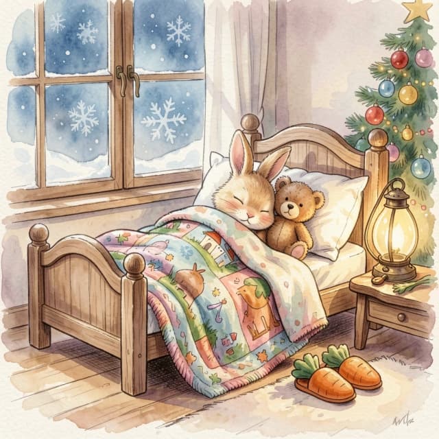 A cozy and delicate watercolor illustration in the style of classic children’s book graphics, depicting a tiny fluffy bunny sweetly sleeping in its miniature wooden bed in a cozy room. The bunny is covered with a multi‑layered, textured blanket with a bright, fairy‑tale pattern. Next to it, pressed against the pillow, is a tiny plush teddy bear with a distinctly textured fur. At the foot of the bed stand charming soft slippers in the shape of orange carrots. The scene is illuminated by a soft, golden, and warm light from an old lantern placed nearby on a table, creating deep, cozy shadows and an atmosphere of serenity. Outside the window, you can see a softly blurred snowstorm, where large snowflakes are swirling in the blue twilight. The watercolor technique involves using soft gradients, delicate splashes of paint, and fine pencil strokes to create detail and an expressive paper texture. In the corner of the room, you can see a decorated Christmas tree.
