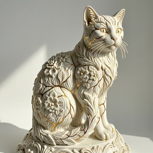 Digital image in Baroque and rocaille style with elements of kintsugi technique. Close-up. (Decorative sculpture made of white porcelain: 1.5). Golden cracks. Volume. The Persian cat. Glossy, porcelain, shiny. The cat's head and body are decorated with gorgeous embossed flowers. (Perfect white porcelain (1.5 ). Exquisite carvings that convey the fur, whiskers and tail of a seated cat. The edges of the leaves and the patterns are decorated with intricate carvings. Thin twigs, delicate flowers and leaves. Lots of fine gold veins. Intricate weaves, swirls, almost psychedelic ornaments. An amazing, mesmerizing sight: the glow. Luminescence. The background is white, with shadows and spectacular lighting. Style: rococo, surrealism, fairy tale, fantasy. Dynamic and expressive. Subtle patterns. Stylization, intricate decorative molding, surrealism, modernism. In the manner of Andrew Jones, Lorenzo Bernini. High quality.