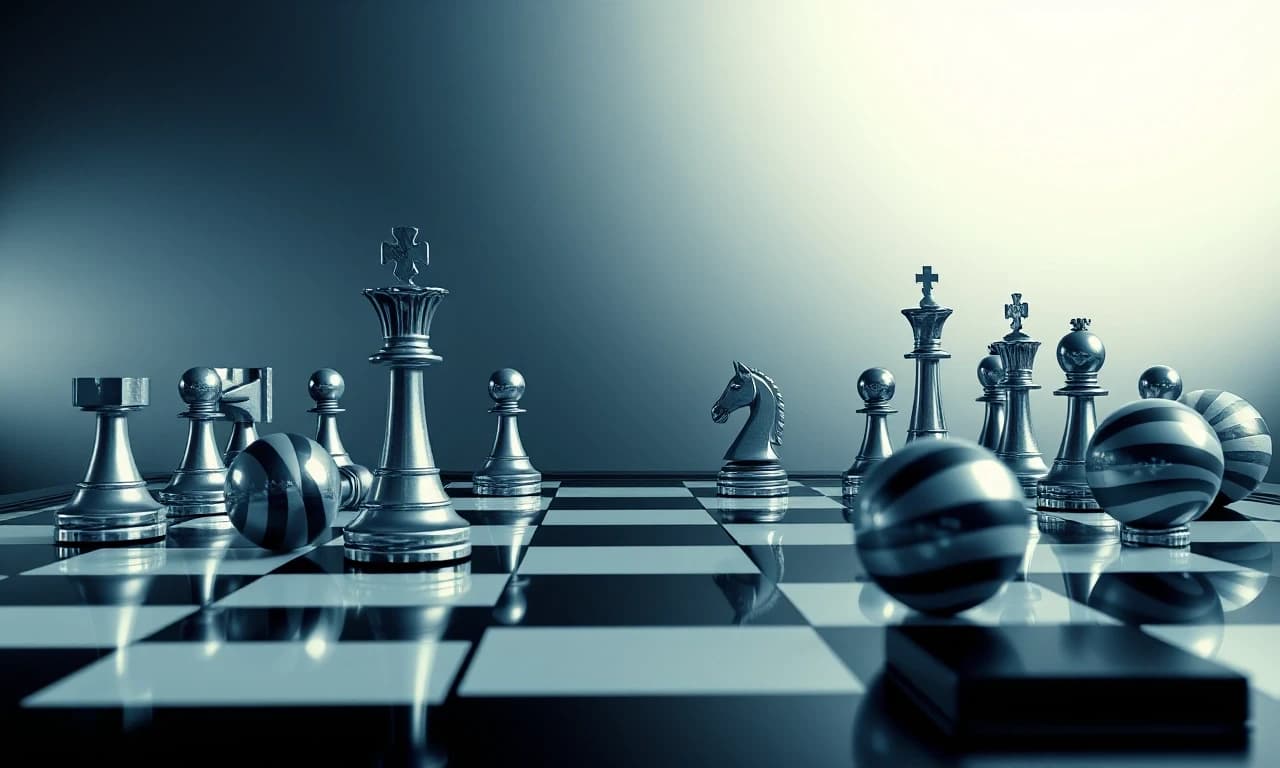 изогнутое глянцевое пространство из шахматных клеток, ферзь, конь, пешки, ладья, зеркальные полосатые шары, клавиши пианино, сюрреализм, векторная графика