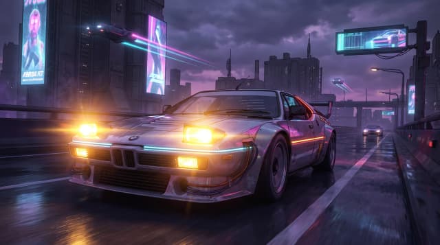 BMW M1, едет по дороге, эпичный ракурс, горящие фары, шедевр, крупный план, стиль аниме с реалистичными деталями, киберпанк,