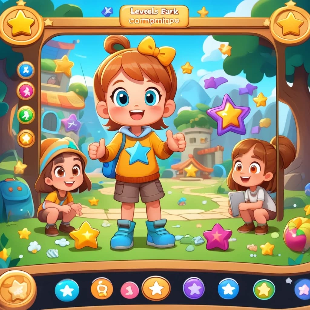 обучение  в виде игрыиностранному языку младших школьников, весёлая игровая цифровая платформа, дети 7–10 лет радостно выполняют задания в виде игры, собирают звёзды и награды за правильные ответы по английскому языку, на экране яркие мультяшные персонажи, уровни и прогресс-бары, яркие цвета, атмосфера азарта и удовольствия от учёбы, высокая детализация, 8k, мультфильм, яркий мультяшный стиль, формат 1:1
