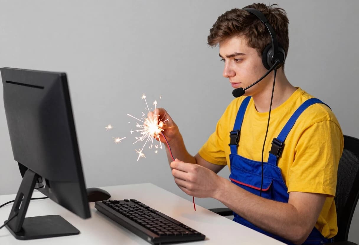 An 18-year-old guy in a yellow T-shirt and blue overalls sits at a desk in front of a computer, wearing a headset; he is joining  wires with his hands, and an electric spark jumps between the wires.