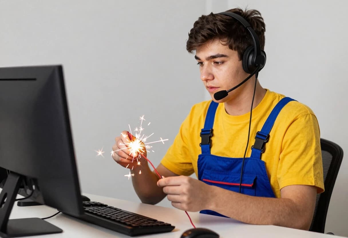 An 18-year-old guy in a yellow T-shirt and blue overalls sits at a desk in front of a computer, wearing a headset; he is joining  wires with his hands, and an electric spark jumps between the wires.