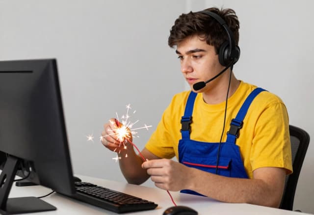 An 18-year-old guy in a yellow T-shirt and blue overalls sits at a desk in front of a computer, wearing a headset; he is joining  wires with his hands, and an electric spark jumps between the wires.