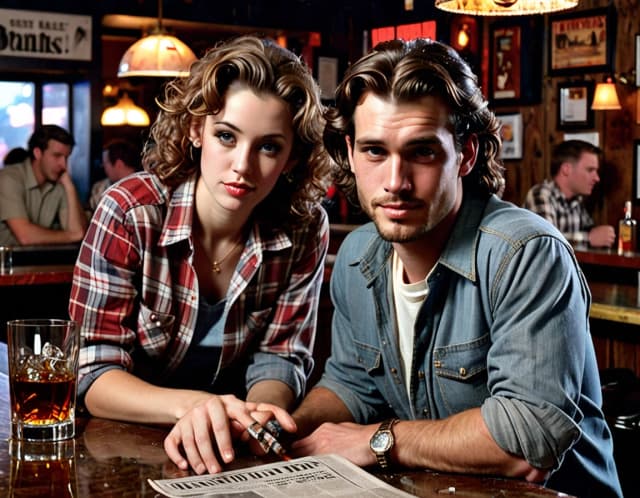 A very handsome man, about 30 years old, with slightly longer, slightly curly hair, wearing a plaid shirt with rolled-up sleeves and jeans, sits at the bar. On the table in front of him are a newspaper, a glass of whiskey on the rocks, and an ashtray with a smoldering cigarette. Opposite him sits a very beautiful young woman, resembling 23-year-old Megan Fox, with dark hair cut into a bob with bangs, wearing a very fashionable short, full skirt and a black, off-the-shoulder top with three-quarter sleeves, smoking a thin cigarette. On the table in front of her lies a fashion magazine, on which rests a pair of trendy, stylish sunglasses. The man and woman look at each other.