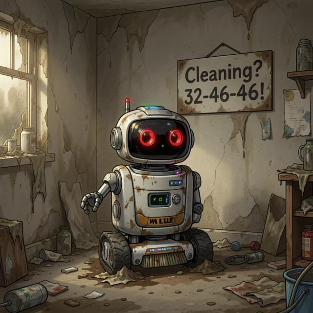 The cleaning robot from the cartoon WALLE. The room is dirty, and there’s a sign on the wall that reads “Cleaning? 32-46-46!”