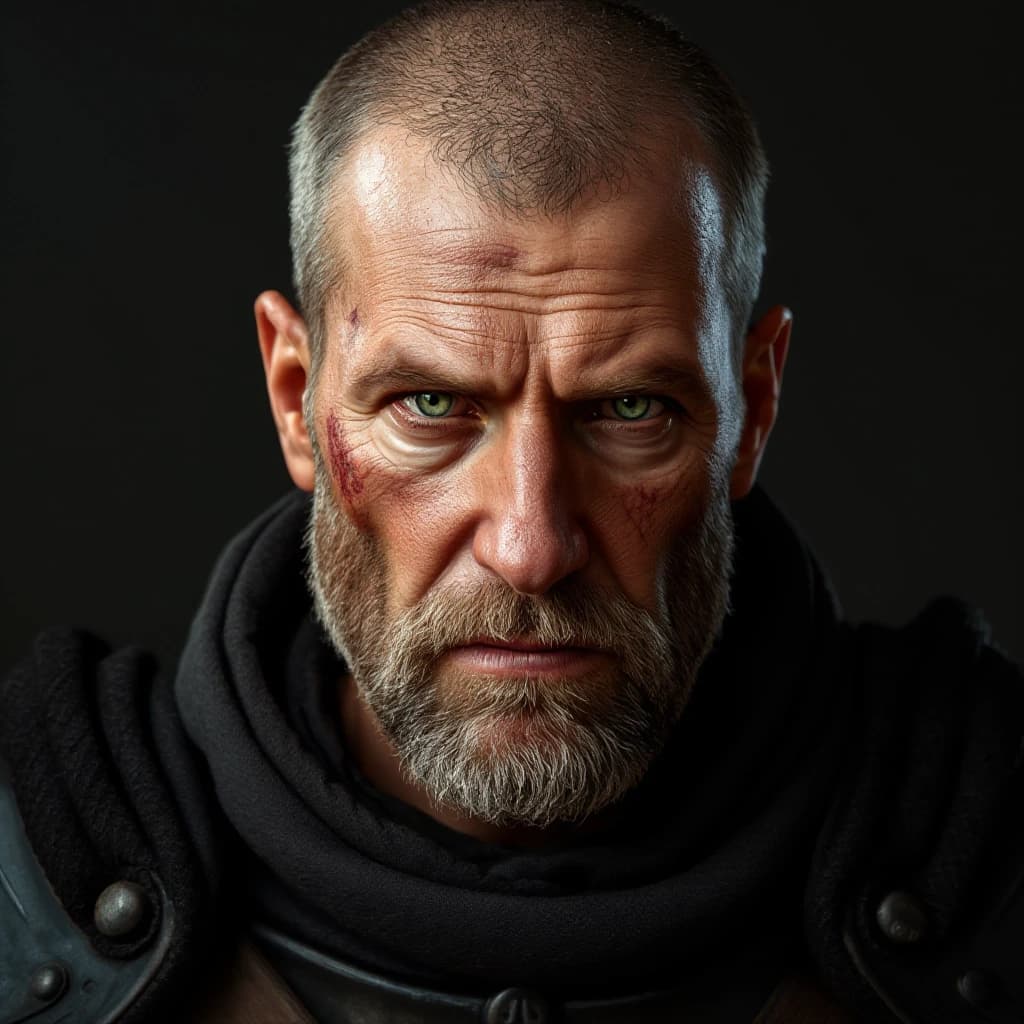 A middle-aged man with a calm gaze, green eyes, and a crusader's uniform with black armor. He has scars from the past on his face. He doesn't have a beard and has a short haircut.