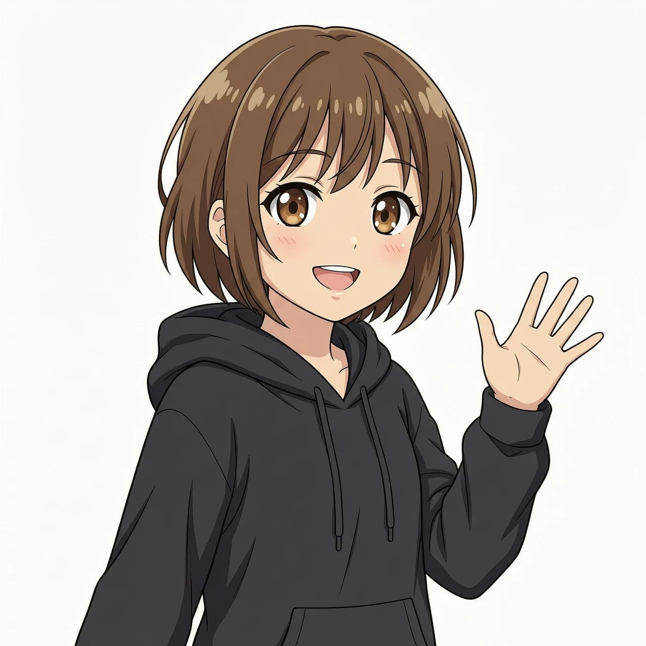 anime style, high quality anime aesthetic, 2D anime style, full-grown  anime girl, short brown hair, expressive brown eyes, wearing an oversize black hoodie, solid crisp white background, sharp clean outlines, cell shading, flat colors, professional key visual, close-up portrait, light smiling waving hand at camera