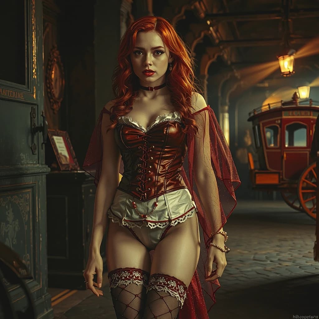 (masterpiece, official art, saturated background: 1.2), black background, Vampire City. A vampire girl is standing near the carriage. Red wavy hair. The lips are brightly painted, sharp fangs are visible. Bright full makeup. The girl is wearing a white and red leather corset. A red-and-white garter on her foot,beautiful well-groomed legs in red-and-white shoes,a transparent burgundy gauze cape on her shoulders, epic, magnificent, masterpiece, clear focus, depth of field, unreal engine, perfect composition, digital art on pixiv, artstation, 8k, HDR