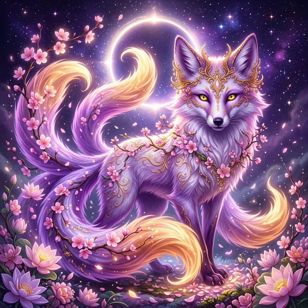 The picture shows a mythical fox with several tails, made in the style of Eastern mythology. Its body and muzzle are painted in delicate shades of white and purple, and the tips of its tails are warm golden-orange tones.
 Image details. Muzzle. The fox looks towards the viewer, his gaze expresses wisdom and mystery. The eyes are bright yellow, which gives the image a mystical atmosphere. The ears are decorated with decorative elements resembling a crown or a crown of gold. Tails: There are several of them (at least three), they are twisted around the animal's body and create a feeling of movement. The tails shimmer with light, as if wrapped in a magical glow. Decorating. Gold patterns are visible on the head and ears, similar to ornaments or symbols. Small pink cherry blossoms are entangled in the wool, adding a spring charm to the picture. Background. The dark purple sky is studded with stars and resembles night space. There is a glowing circle in the center, similar to the moon or a portal. This enhances the impression of magic and the character's connection to the celestial sphere. Flowers. Branches with cherry blossoms wrap around the tails of the fox and descend, forming a lush bouquet of lotuses and small flowers. The color range from delicate pink petals to a rich purple background creates a harmonious combination. This image combines elements of Japanese culture (kitsune, fox spirit) and oriental art, conveying an atmosphere of magic, wisdom and natural beauty. (Style):fantasy art, rococo, Gothic, Baroque, art design, romance, close-up, high quality, gradient, grace, Interior light, 4k, intricate details.