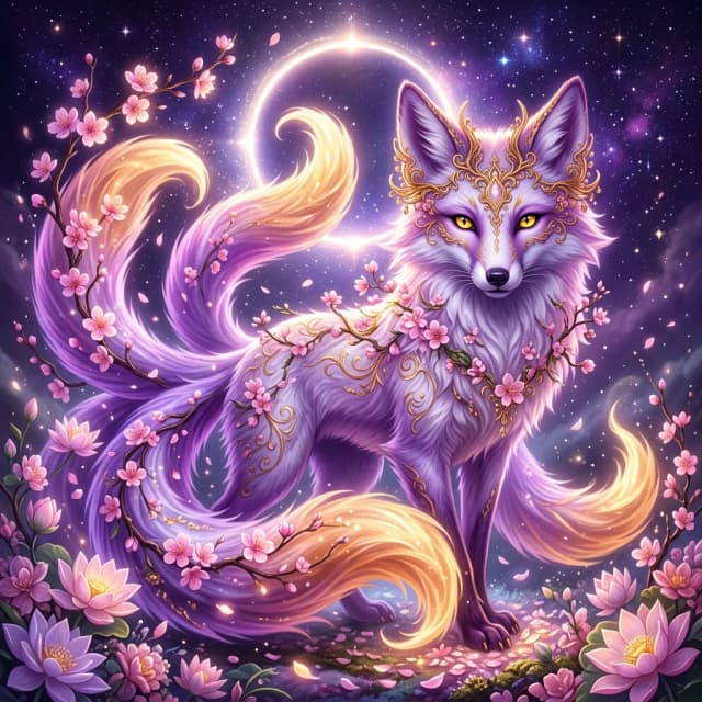 The picture shows a mythical fox with several tails, made in the style of Eastern mythology. Its body and muzzle are painted in delicate shades of white and purple, and the tips of its tails are warm golden-orange tones.
 Image details. Muzzle. The fox looks towards the viewer, his gaze expresses wisdom and mystery. The eyes are bright yellow, which gives the image a mystical atmosphere. The ears are decorated with decorative elements resembling a crown or a crown of gold. Tails: There are several of them (at least three), they are twisted around the animal's body and create a feeling of movement. The tails shimmer with light, as if wrapped in a magical glow. Decorating. Gold patterns are visible on the head and ears, similar to ornaments or symbols. Small pink cherry blossoms are entangled in the wool, adding a spring charm to the picture. Background. The dark purple sky is studded with stars and resembles night space. There is a glowing circle in the center, similar to the moon or a portal. This enhances the impression of magic and the character's connection to the celestial sphere. Flowers. Branches with cherry blossoms wrap around the tails of the fox and descend, forming a lush bouquet of lotuses and small flowers. The color range from delicate pink petals to a rich purple background creates a harmonious combination. This image combines elements of Japanese culture (kitsune, fox spirit) and oriental art, conveying an atmosphere of magic, wisdom and natural beauty. (Style):fantasy art, rococo, Gothic, Baroque, art design, romance, close-up, high quality, gradient, grace, Interior light, 4k, intricate details.