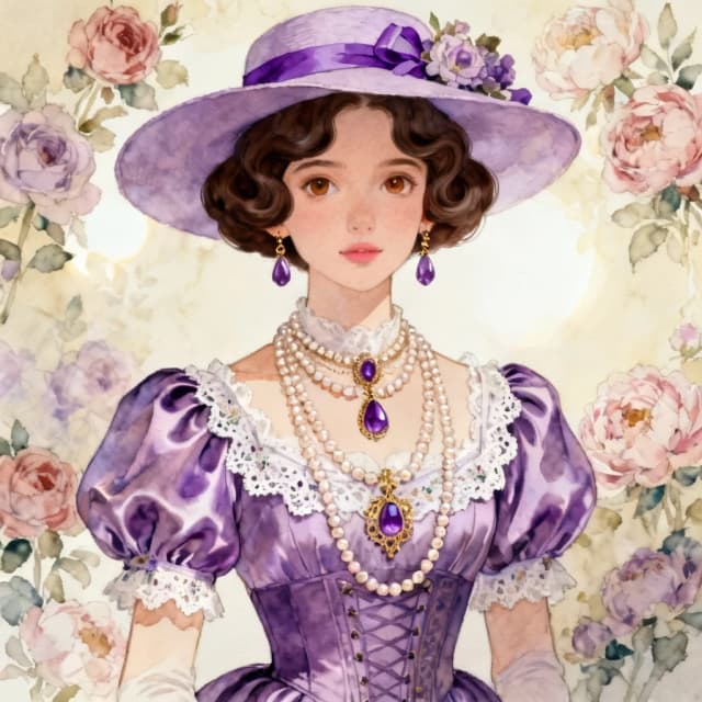 A refined young woman in a vintage Victorian/Edwardian gown, waist-up three-quarter portrait, centered composition, wearing a wide-brimmed lavender hat decorated with purple ribbon and flowers, short dark brown finger-wave curls framing a porcelain face, large soft brown eyes, slight rosy lips, serene and elegant expression; ornate multilayered pearl necklaces and amethyst pendants in filigree gold settings, matching amethyst drop earrings; corseted purple satin dress with puffed sleeves, delicate white lace trim and embroidered details; soft watercolor and gouache inspired digital illustration with fine linework and painterly shading, pastel floral background with roses and peonies, high-key diffused lighting, shallow depth of field, subtle rim light, ultra-detailed textures on fabric, lace and gemstones, harmonious lavender and cream color palette, romantic, dreamy, refined atmosphere, high resolution, cinematic portrait quality.
