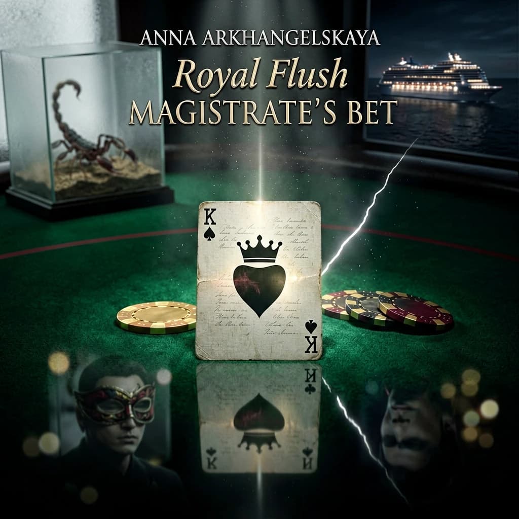Premium A5 book cover for a detective thriller, vertical orientation. Cinematic realism, hyper-detailed photorealism. 

Composition: A macro close-up shot of a professional poker table covered in deep emerald-green felt. In the center, a single, slightly worn playing card—a "White King" without a suit, featuring a minimalist crown contour and an empty shield. The card is textured, with faint, handwritten script visible through the paper as light bleeds through it. Beside the card lie two or three high-end casino chips and a sharp, thin crack of light cutting through the darkness, like a focused spotlight. 

In the polished, dark reflection of the table's surface, there is a ghostly, sophisticated зеркальная мужская masquerade mask and the blurred, bokeh lights of Monte Carlo. In the upper corner, subtly out of focus behind frosted glass, a small, elegant terrarium reveals the faint, non-grotesque silhouette of a scorpion. In the far distance, visible through a window, a magnificent, glowing modern cruise liner glides on the dark sea.

Atmosphere: Cold luxury, intellectual tension, and an impending sense of threat. A light haze hangs in the air with microscopic dust particles dancing in a single dramatic light beam.

Color Palette: Deep obsidian black, rich emerald green, polished gold, subtle blood-burgundy accents, and sharp silver highlights.

Typography (Russian language only):
Top: "АННА АРХАНГЕЛЬСКАЯ"
Королевский флеш:
СТАВКА МАГИСТРА