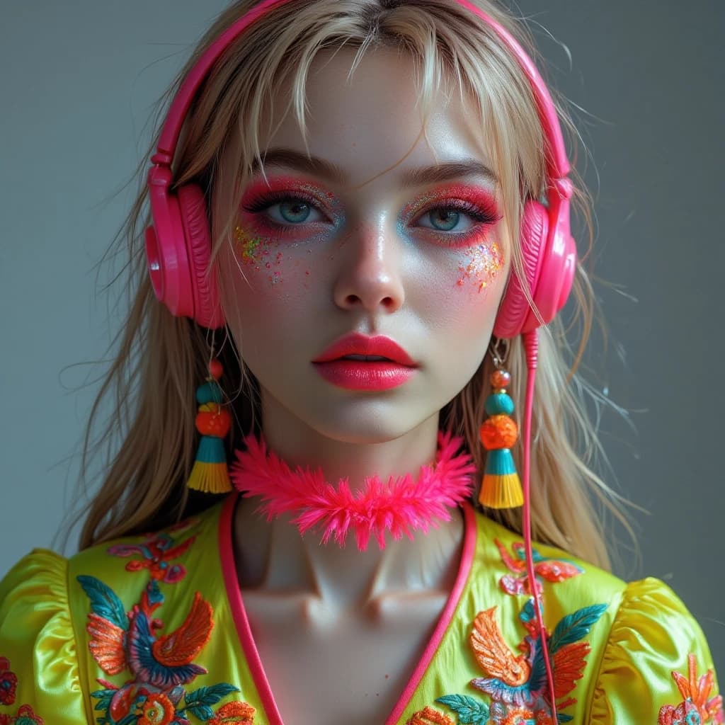 masterpiece, best quality, ultra-detailed, photorealistic, cinematic fashion photography, intricate details, sharp focus, soft studio lighting,



beautiful young woman with long straight blonde hair, bright pink eyeshadow with glitter, wearing neon pink over-ear headphones, large colorful tassel earrings and a fluffy neon pink choker, dressed in a vibrant neon yellow-green embroidered blouse with puffy sleeves featuring intricate floral, bird and lizard embroidery in pink orange and turquoise, cropped style,



neutral soft grey studio background,



dramatic close-up portrait, perfect high-fashion framing,



highly detailed skin texture, realistic intricate embroidery, glossy makeup, soft volumetric lighting, sharp focus on face and clothing, 8k resolution, hyper detailed, masterpiece, best quality, intricate details, photorealistic, cinematic color grading
