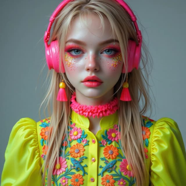masterpiece, best quality, ultra-detailed, photorealistic, cinematic fashion photography, intricate details, sharp focus, soft studio lighting,



beautiful young woman with long straight blonde hair, bright pink eyeshadow with glitter, wearing neon pink over-ear headphones, large colorful tassel earrings and a fluffy neon pink choker, dressed in a vibrant neon yellow-green embroidered blouse with puffy sleeves featuring intricate floral, bird and lizard embroidery in pink orange and turquoise, cropped style,



neutral soft grey studio background,



dramatic close-up portrait, perfect high-fashion framing,



highly detailed skin texture, realistic intricate embroidery, glossy makeup, soft volumetric lighting, sharp focus on face and clothing, 8k resolution, hyper detailed, masterpiece, best quality, intricate details, photorealistic, cinematic color grading