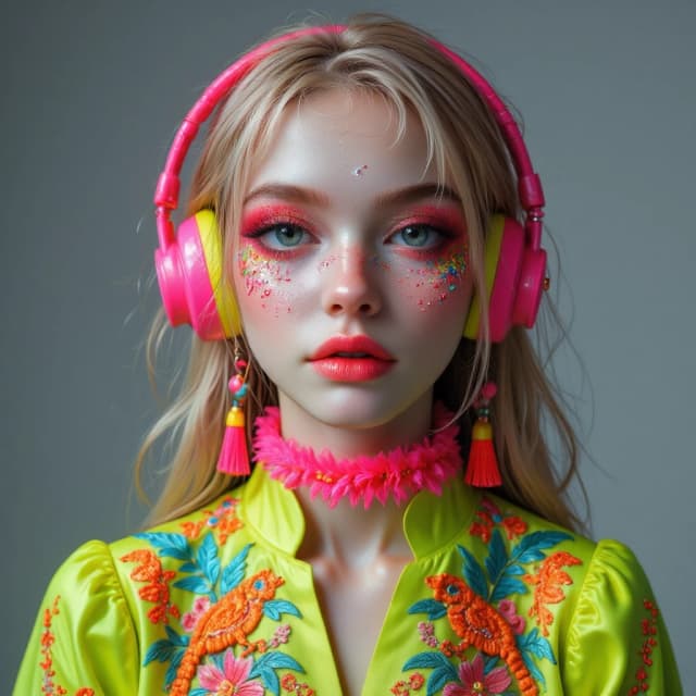 masterpiece, best quality, ultra-detailed, photorealistic, cinematic fashion photography, intricate details, sharp focus, soft studio lighting,



beautiful young woman with long straight blonde hair, bright pink eyeshadow with glitter, wearing neon pink over-ear headphones, large colorful tassel earrings and a fluffy neon pink choker, dressed in a vibrant neon yellow-green embroidered blouse with puffy sleeves featuring intricate floral, bird and lizard embroidery in pink orange and turquoise, cropped style,



neutral soft grey studio background,



dramatic close-up portrait, perfect high-fashion framing,



highly detailed skin texture, realistic intricate embroidery, glossy makeup, soft volumetric lighting, sharp focus on face and clothing, 8k resolution, hyper detailed, masterpiece, best quality, intricate details, photorealistic, cinematic color grading