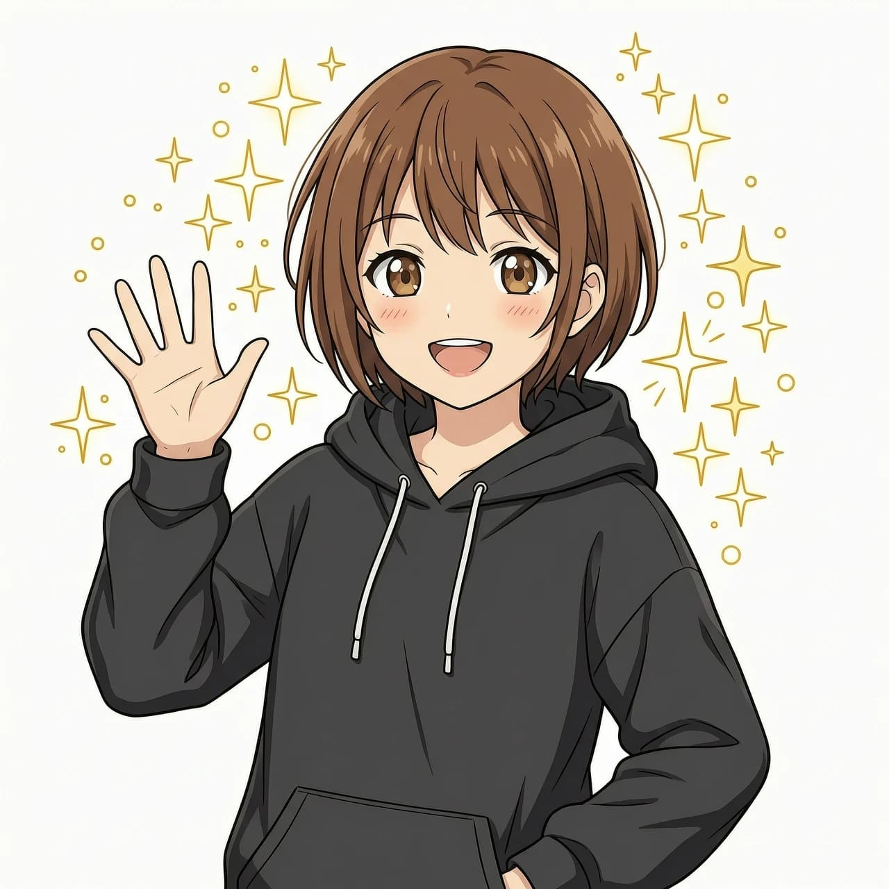 Modern anime style, high quality anime aesthetic, 2D anime illustration, full-grown teen anime girl, correct human anatomy, proportional body, short brown hair, expressive brown eyes, wearing an oversize black hoodie, solid crisp white background, sharp clean outlines, cell shading, flat colors, professional key visual, close-up portrait, smiling happily, waving hand at camera, sparkling sparkles around her head, joyful anime expression