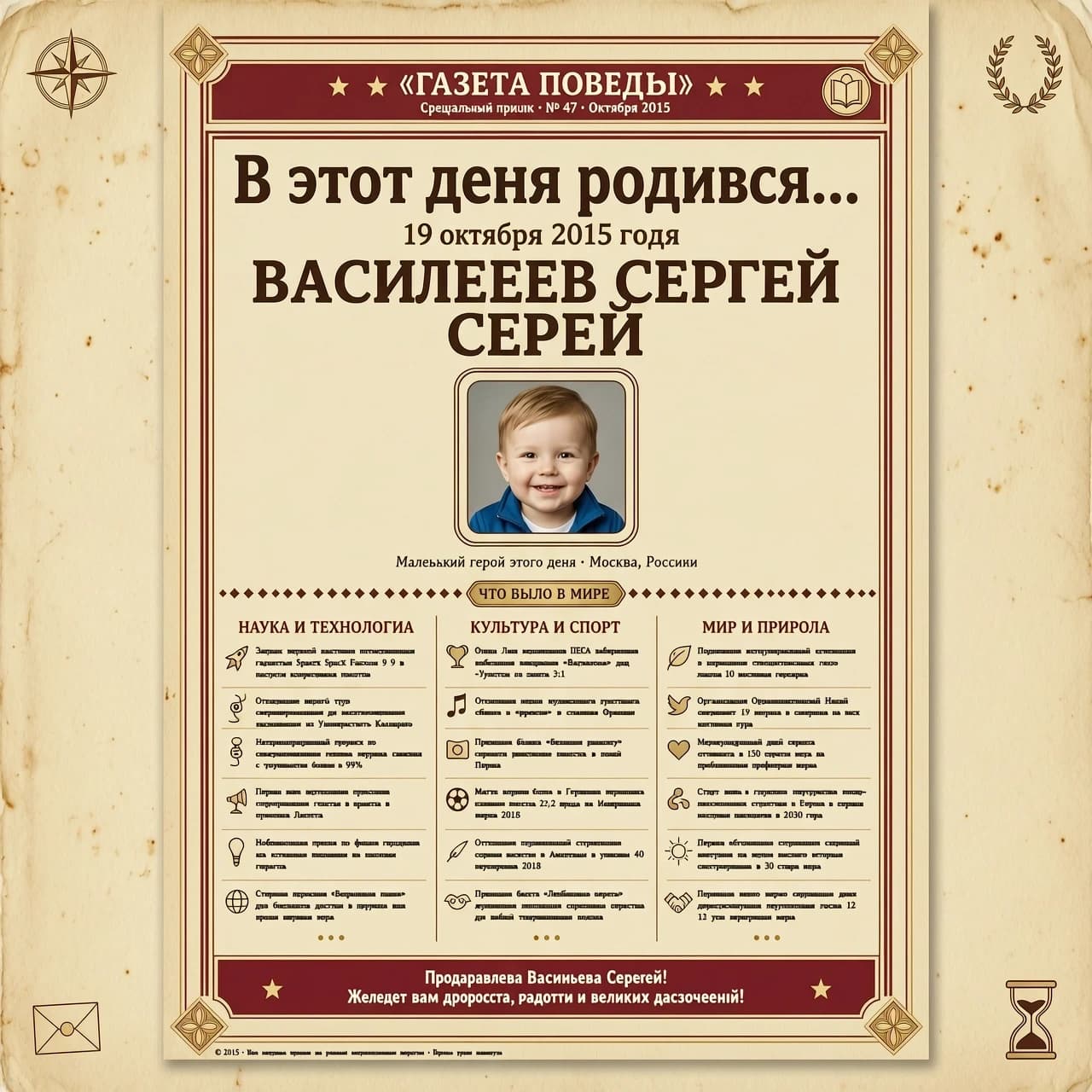 Хочу  подарить ребенку на день рождения "страничку из газеты". Фото  с заголовком "В этот день родился......", дата вверху как в газете или журнальной обложке. и вокруг рубрики - что еще произошло в этот день в мире (открытия, праздники и тд.). События должны быть позитивными. Сделай, пожалуйста, такую страничку. Прикрепляю  фото именинницы.  Дата рождения 19.10.2015г. Имя Васильев Сергей. Можешь сделать страницу цветной, но чтобы не терялось ощущение газеты или журнала. Сам найди позитивные события в мире произошедшие в тот день в мире