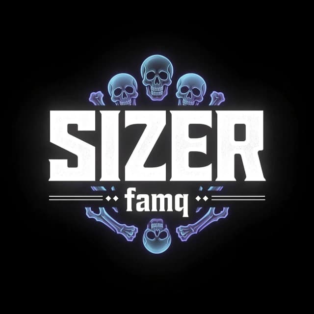 логотип для фамы в majestic rp  с названием SIZER . Фон чтобы был черным а шрифт толстыл белым цветом и ниже надписи SIZER надпись famq . На фоне должно быть что нибудь типо скелеты какие то в черном неоне