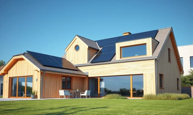 Horizontal architectural photography of a beautiful modern two-story Scandinavian wooden frame house. Elegant natural light wood facade, large panoramic glass windows. High-tech shiny black solar panels are neatly installed on the roof under a clear blue sky. Bright sunny day, a clean green mowed lawn in front of the house. Photorealistic, 8k resolution, highly detailed, realistic textures, sharp focus.