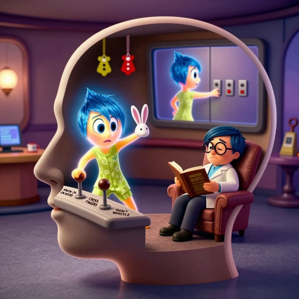 Cinematic humorous photorealistic cross-section of a human head in profile, with the inside shown as a cozy, cartoonish control room like in "Inside Out". At the control panel, a small, anxious person in pajamas holding a rabbit's foot is frantically pulling levers labeled "KNOCK ON WOOD", "CROSS FINGERS", "DON'T WHISTLE". Next to them, a calm little scientist in glasses sits in an armchair, reading a science journal and sighing patiently. On the wall, a large screen shows the real person pressing an elevator button three times. The room is warm and cluttered with lucky charms. Playful, ironic, relatable, warm lighting, photorealistic, shallow depth of field, 4:5 aspect ratio.