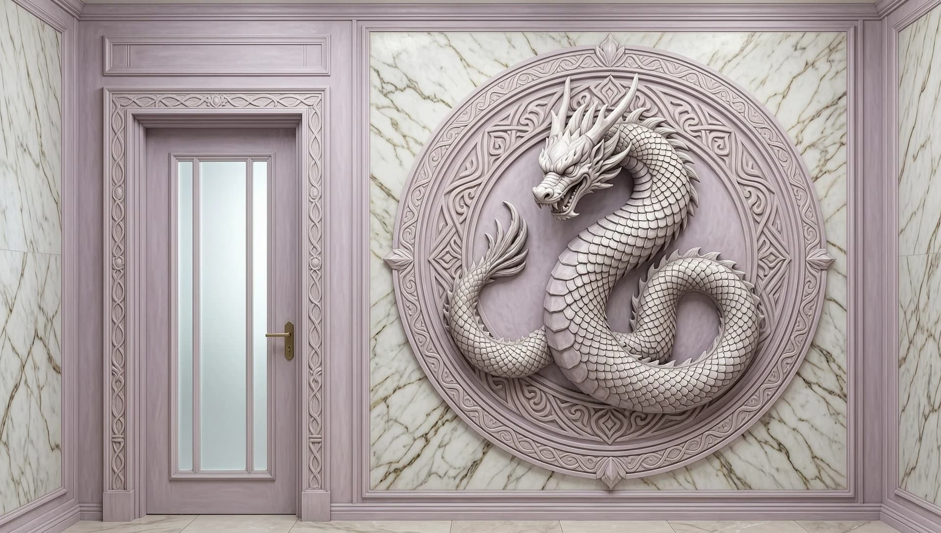 Architectural bas-relief for a bright hallway (wall 3500×2600 mm). Center — circular mandala (45% of height) featuring a mythical guardian dragon: brutal, commanding, powerful serpentine neck, predatory grace, large armor-like scales, exuding dignity and strength. Coils around the mandala. Left — door matching wall color with frosted glass strips, framed by ornamental bands. Relief is shallow, soft, no harsh shadows. Finish — light plaster imitating pale lilac marble and white veined limestone. Style — epic fantasy, monumental ornamentation, stoic majestic presence.