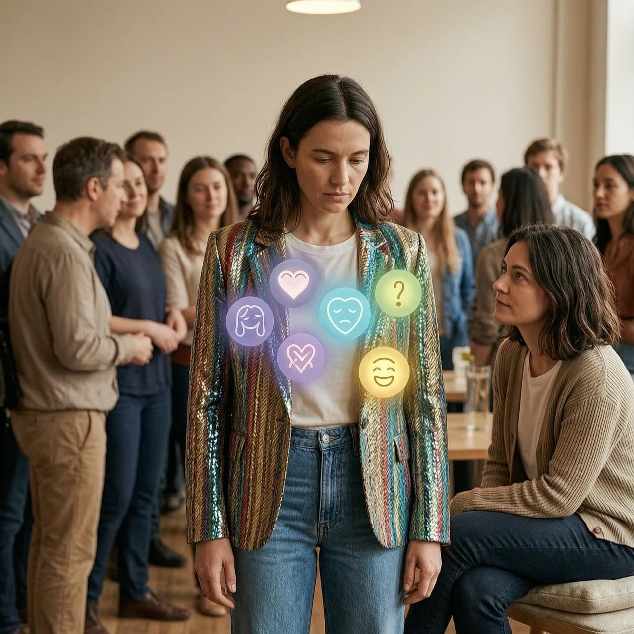 A thoughtful cinematic illustration about being seen and understood. A person is standing in a crowded room full of people, but everyone is looking at their bright clothes and confident appearance instead of their face and feelings. On one side, the person is surrounded by many blurred faces and social attention; on the other side, one close friend sits quietly beside them and listens with genuine understanding. The person’s emotional inner world is shown through subtle translucent colors and symbols near their heart, such as sadness, hope, uncertainty, and joy. The image should contrast public attention with private emotional connection. Soft lighting, expressive faces, deep but accessible mood, no text, no logos.