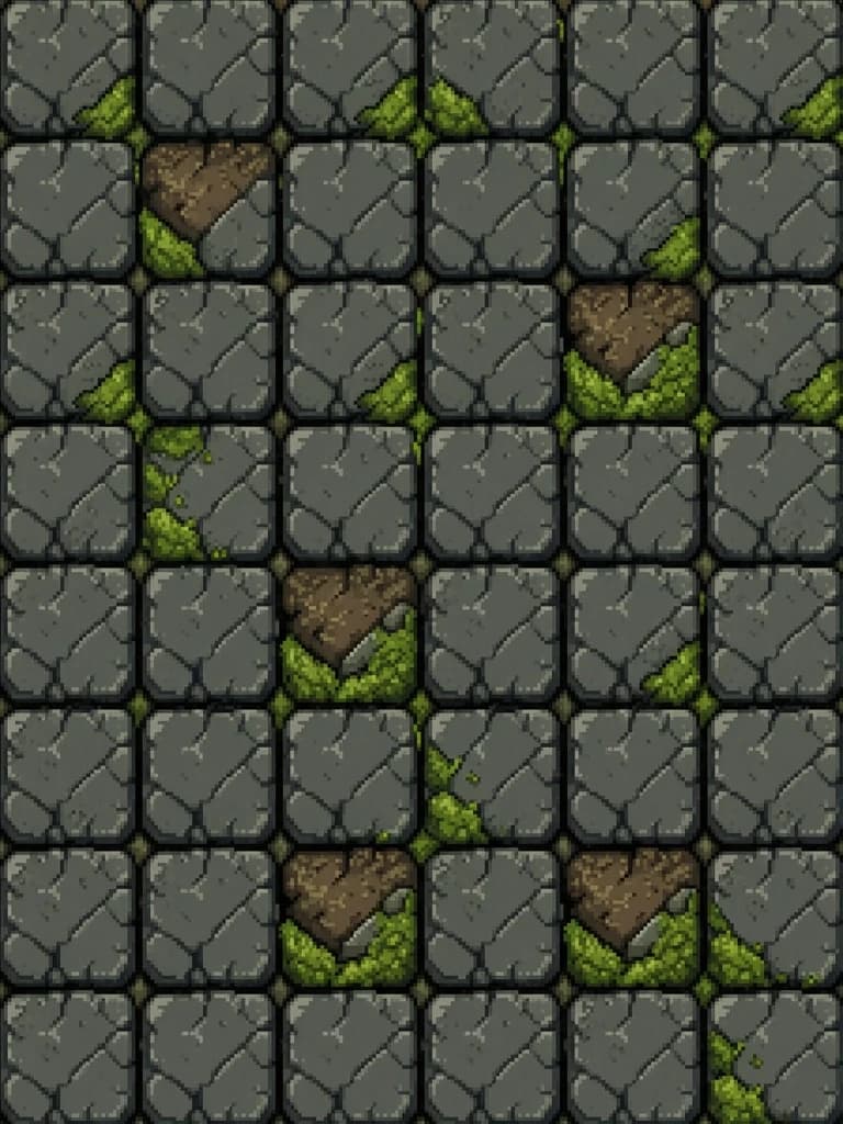 Single tile of a medieval RPG fantasy dungeon floor, pixel art, 48x48 resolution, top-down orthographic view. The texture features weathered, cracked dark grey cobblestones with moss growing in the crevices and patches of damp dirt. Intricate micro-details of stone grain and uneven surfaces. Dim, moody lighting with subtle ambient occlusion in the cracks to create depth. Gritty, atmospheric aesthetic, high-quality sprite work, 16-bit retro game style, consistent color palette of earthy tones, cold greys, and deep greens.