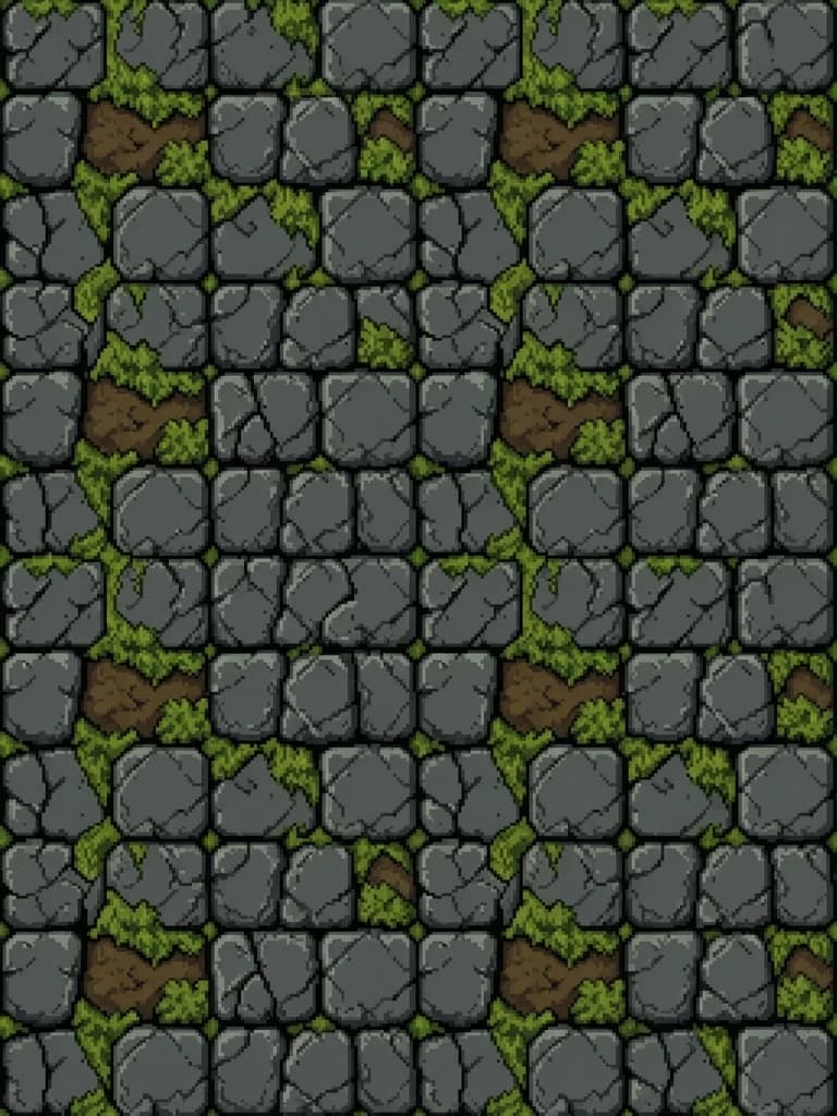 Single tile of a medieval RPG fantasy dungeon floor, pixel art, 48x48 resolution, top-down orthographic view. The texture features weathered, cracked dark grey cobblestones with moss growing in the crevices and patches of damp dirt. Intricate micro-details of stone grain and uneven surfaces. Dim, moody lighting with subtle ambient occlusion in the cracks to create depth. Gritty, atmospheric aesthetic, high-quality sprite work, 16-bit retro game style, consistent color palette of earthy tones, cold greys, and deep greens.