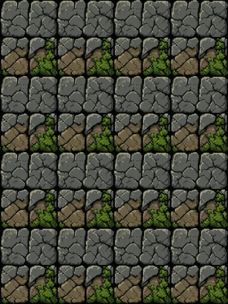 Single tile of a medieval RPG fantasy dungeon floor, pixel art, 48x48 resolution, top-down orthographic view. The texture features weathered, cracked dark grey cobblestones with moss growing in the crevices and patches of damp dirt. Intricate micro-details of stone grain and uneven surfaces. Dim, moody lighting with subtle ambient occlusion in the cracks to create depth. Gritty, atmospheric aesthetic, high-quality sprite work, 16-bit retro game style, consistent color palette of earthy tones, cold greys, and deep greens.